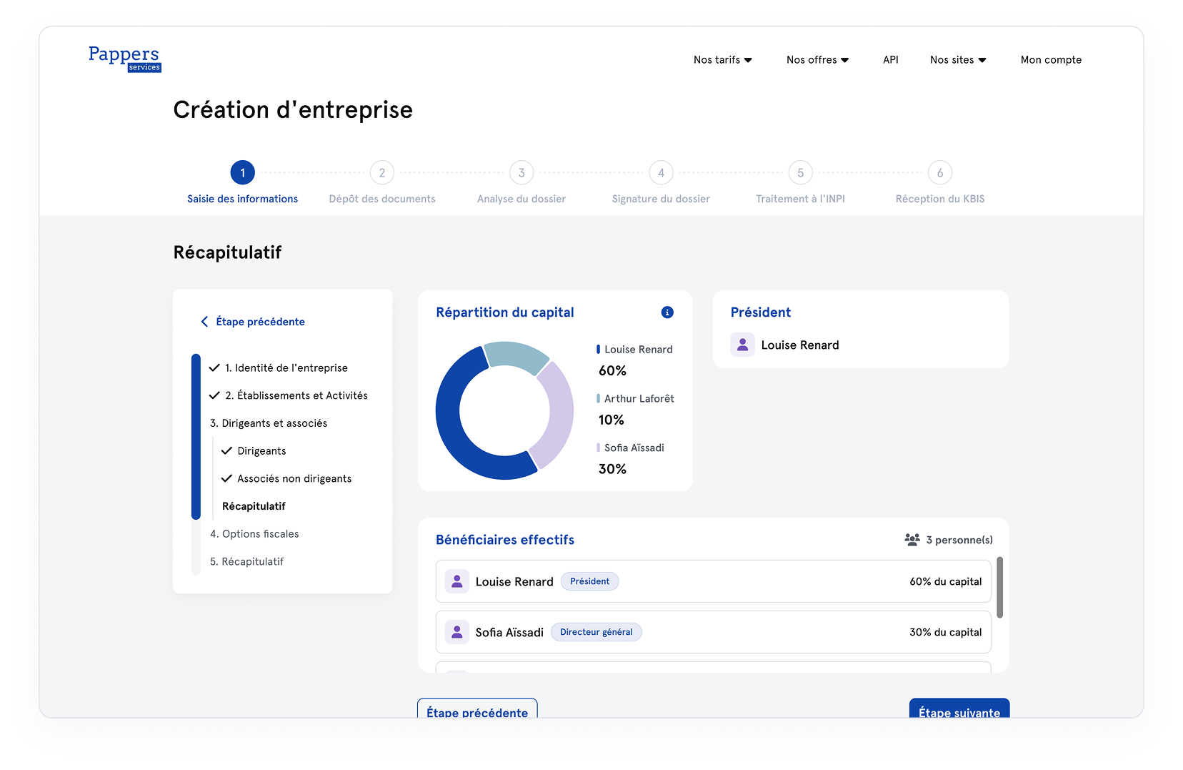 Interface de création d'entreprise Pappers Services