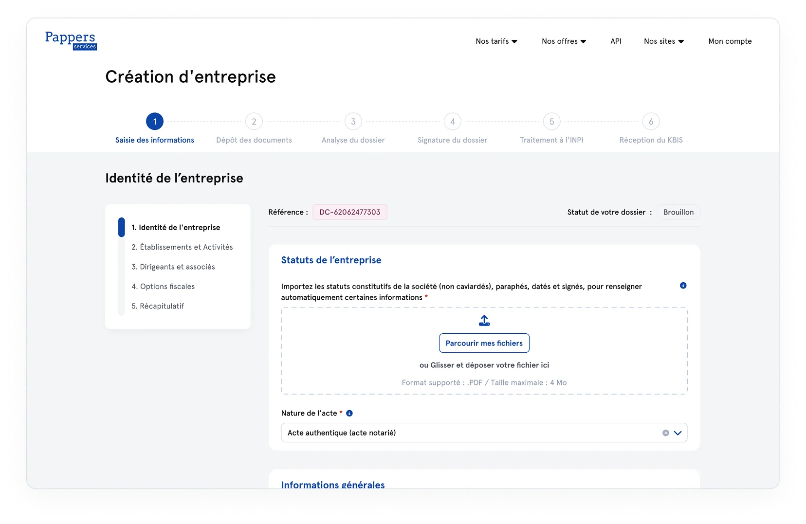 Illustration de l'interface de création de SASU