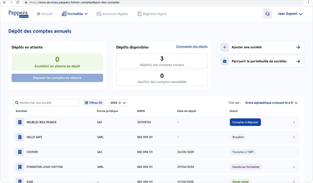 Image d'illustration de l'interface de dépôt des comptes